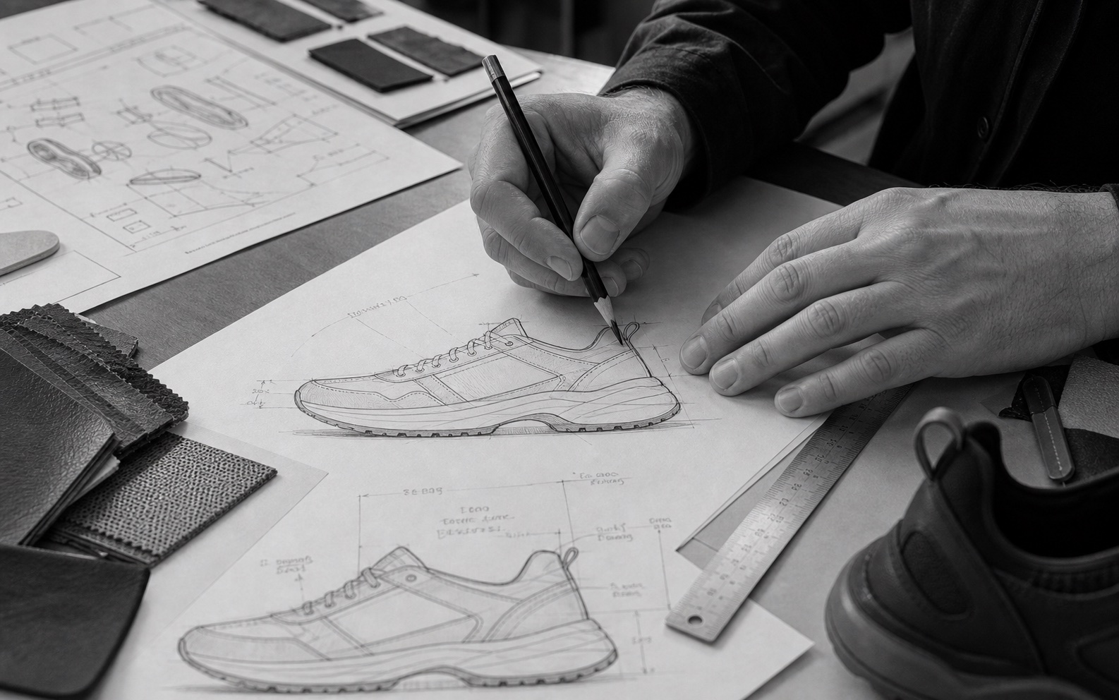 China product development with material samples and technical shoe drawings