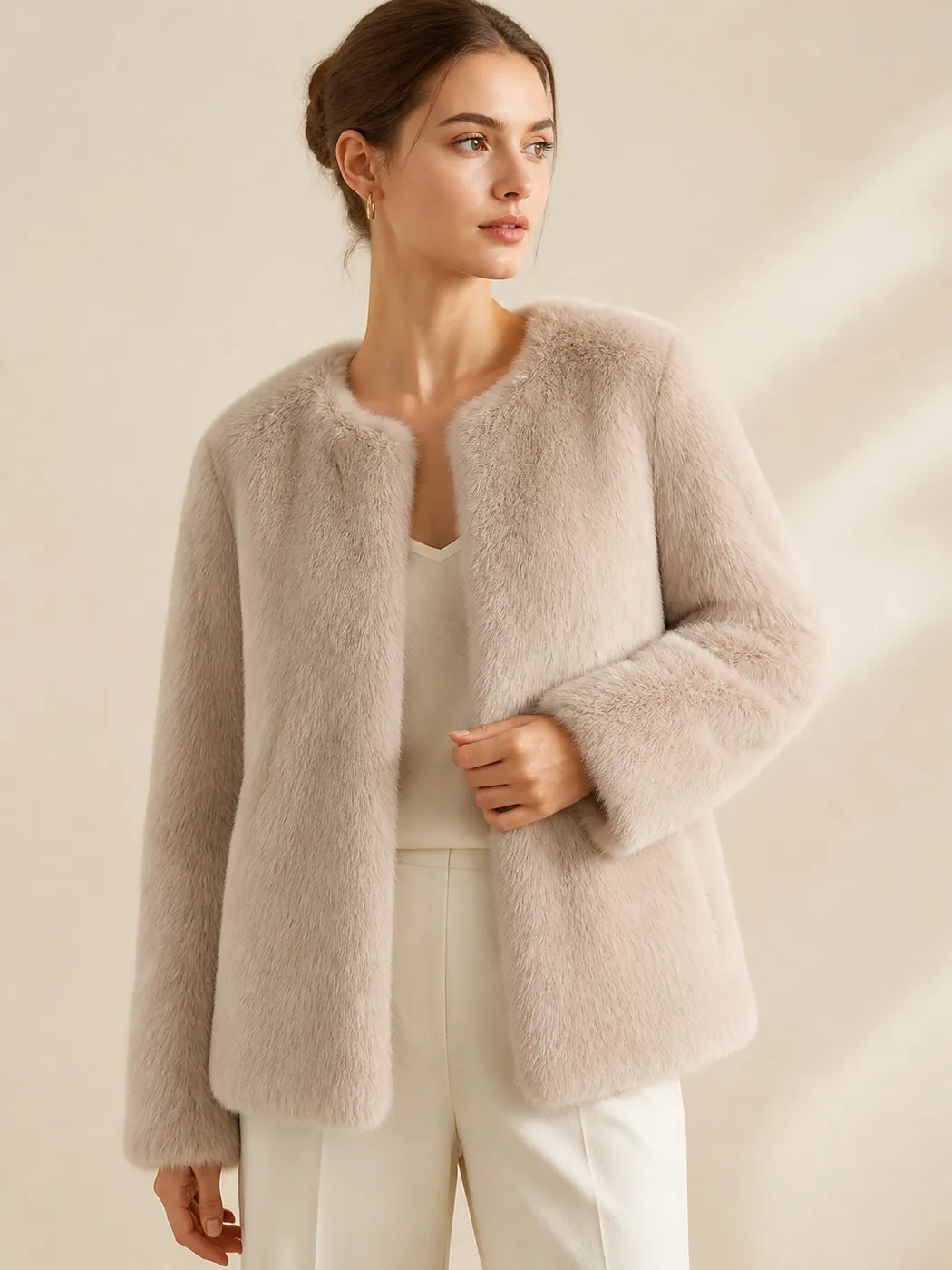Beige faux-fur outerwear sample on model