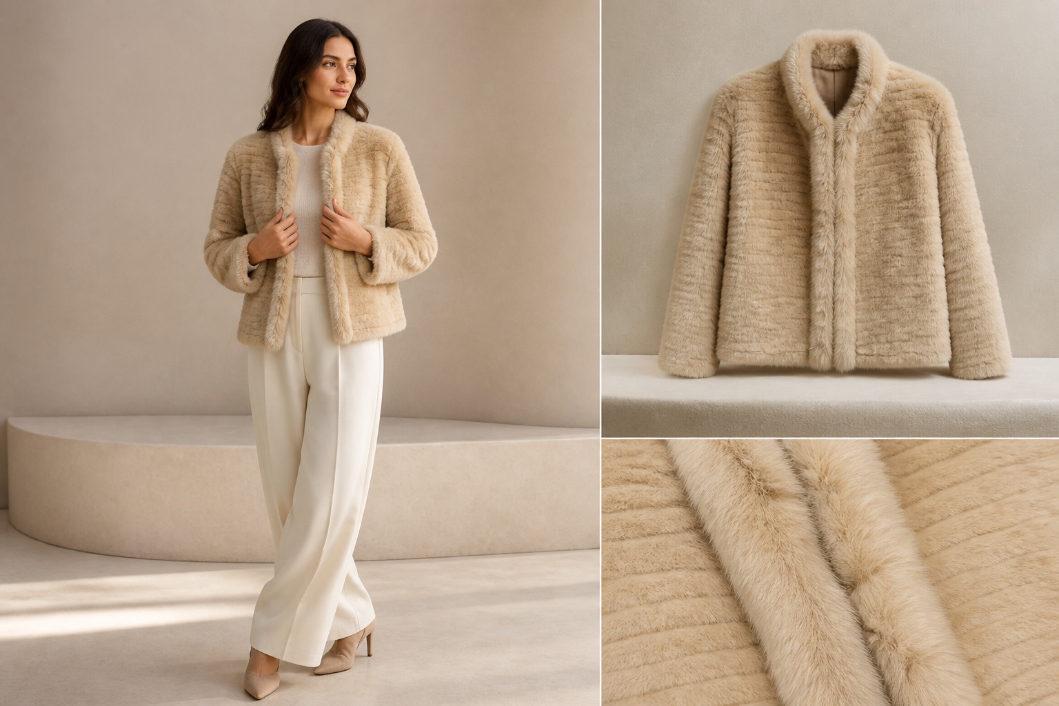 Model, product and textile detail views of a beige faux-fur outerwear sample