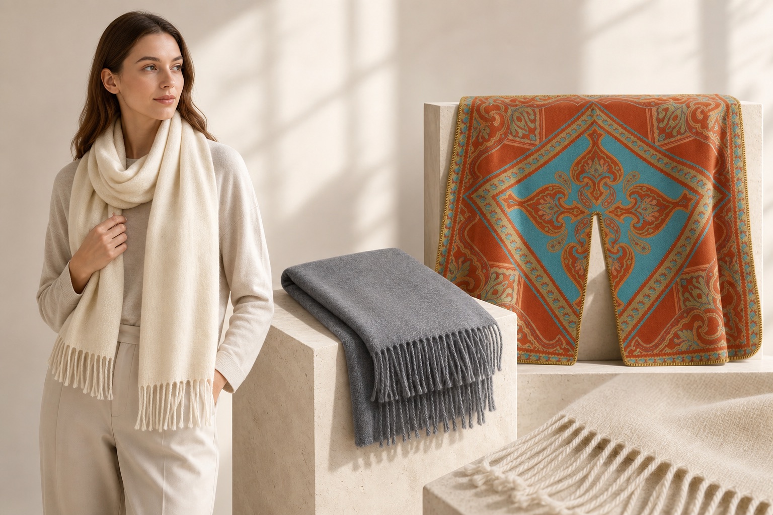 Premium commercial model and product presentation of ivory and gray fringed scarves with a patterned wrap