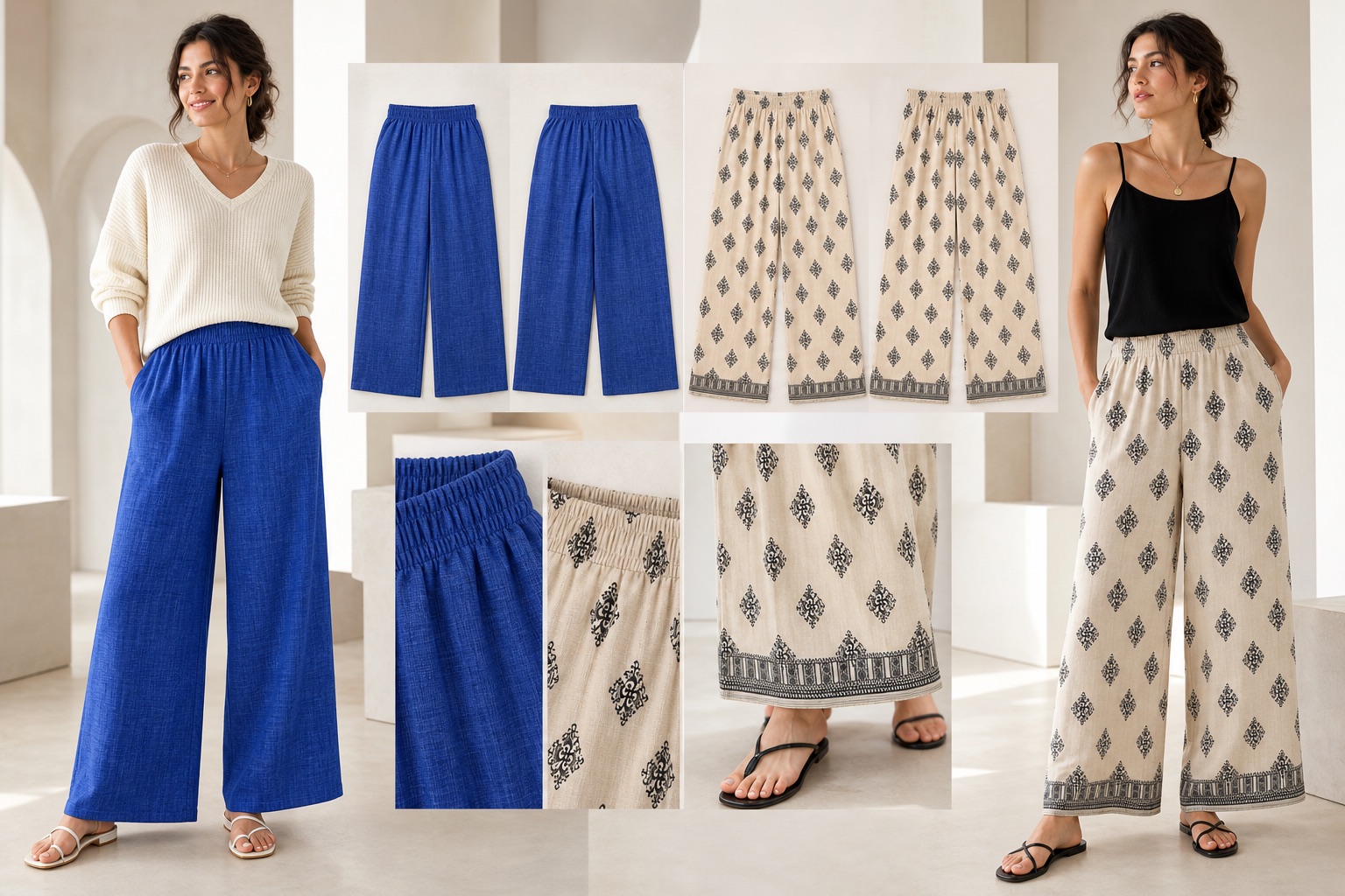 Model and multi-angle ecommerce presentation of blue and printed wide-leg trousers