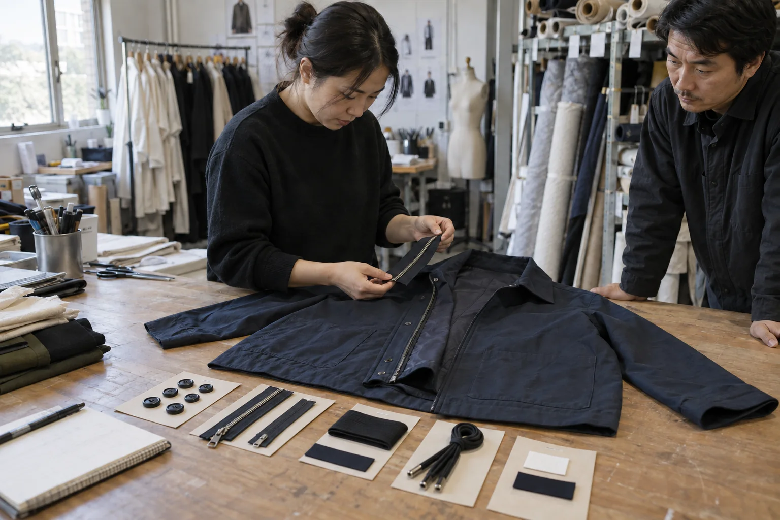 Apparel merchandiser comparing unbranded zippers, buttons, elastic and labels with an approved garment sample in a real sample room