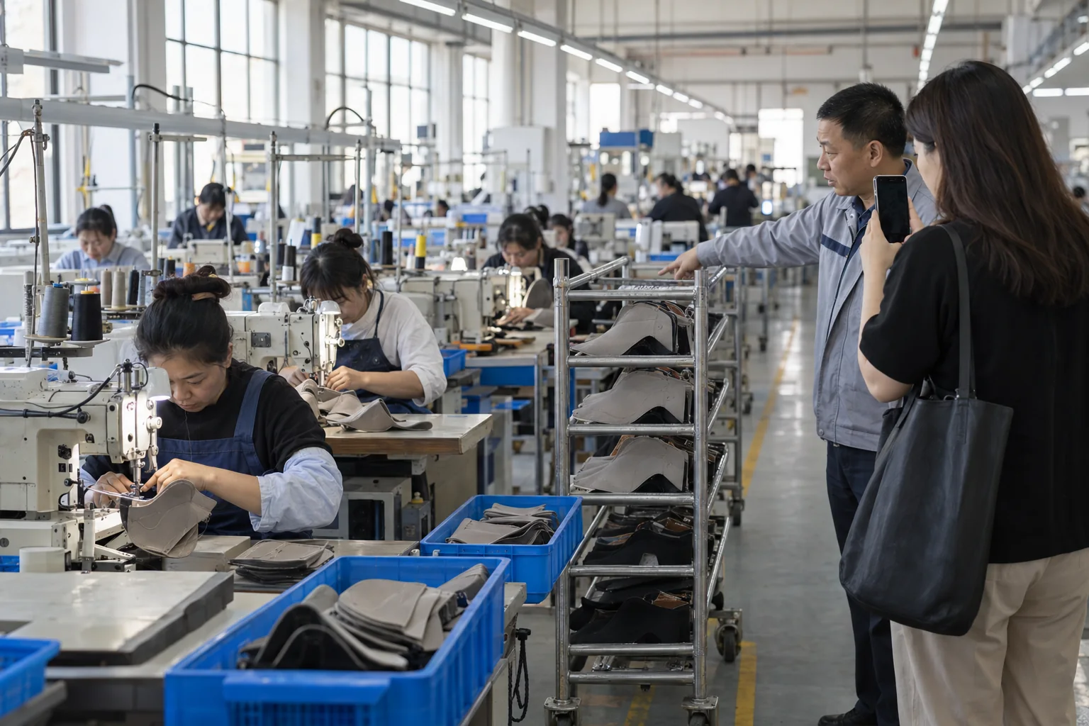 Buyer-side sourcing coordinator documenting a footwear production process during a permitted factory visit