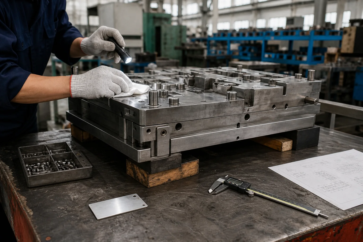 Unbranded metal production mold with a blank identification tag, engineering drawing and condition-check tools on a real toolroom workbench