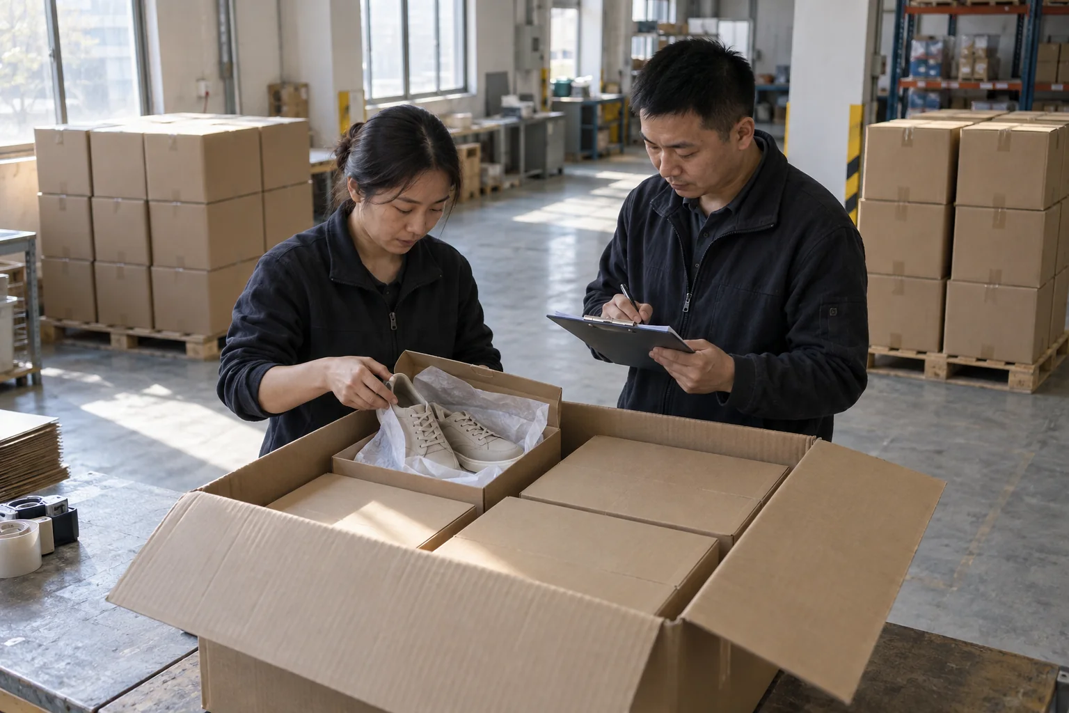 Warehouse receiving staff checking an open footwear carton beside separately staged supplier cartons in a consolidation warehouse