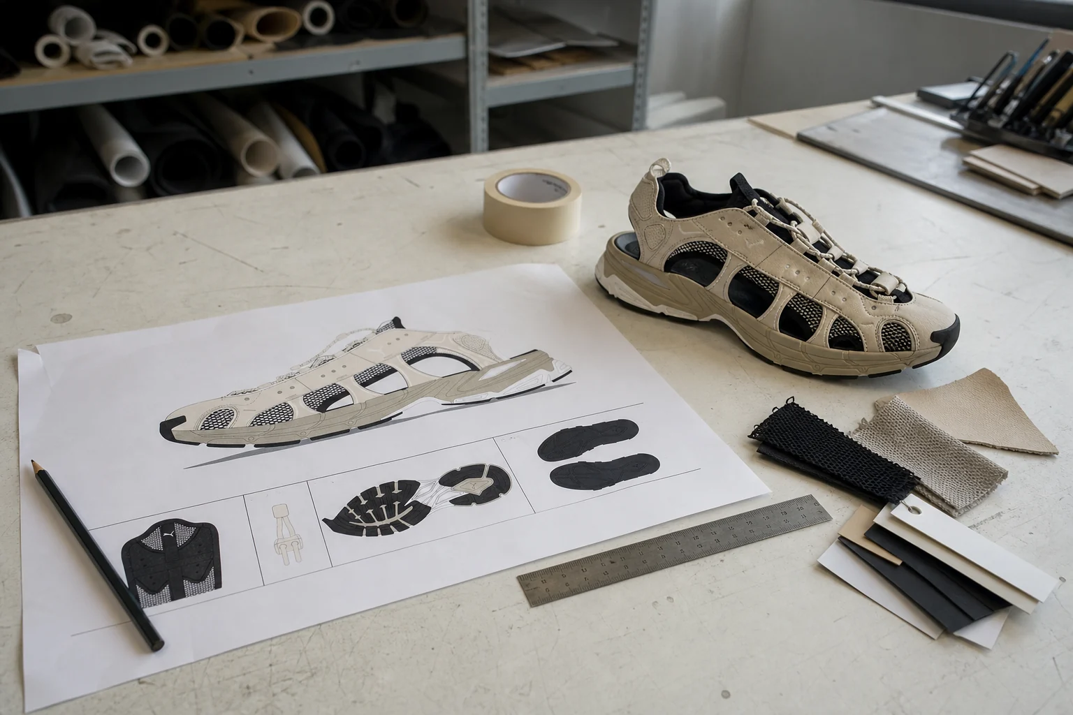 Unbranded footwear prototype beside its purchase specification drawing and material swatches on a development worktable