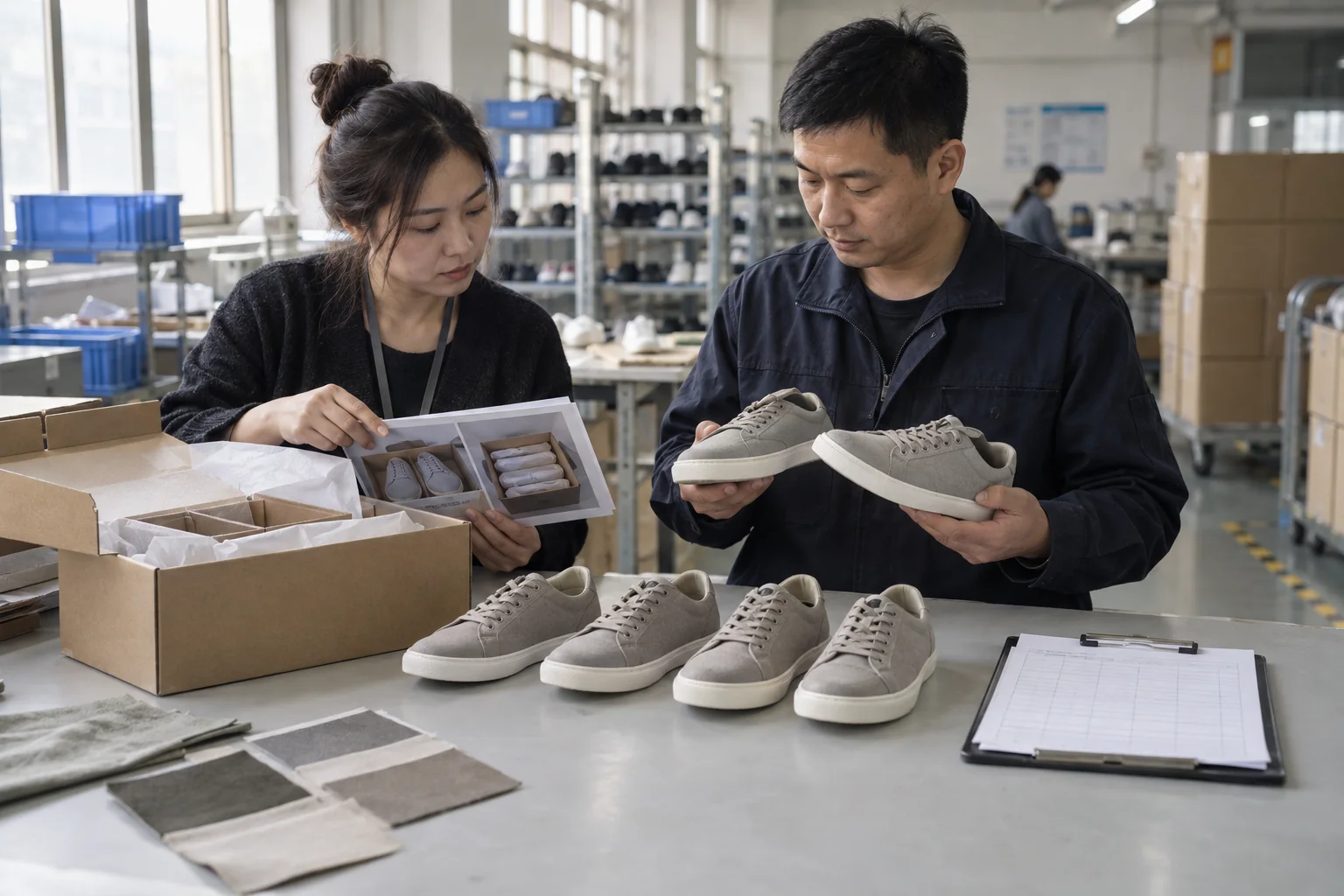 Buyer-side sourcing coordinator and factory representative reviewing an unbranded pilot footwear order with approved sample, packed units and production evidence