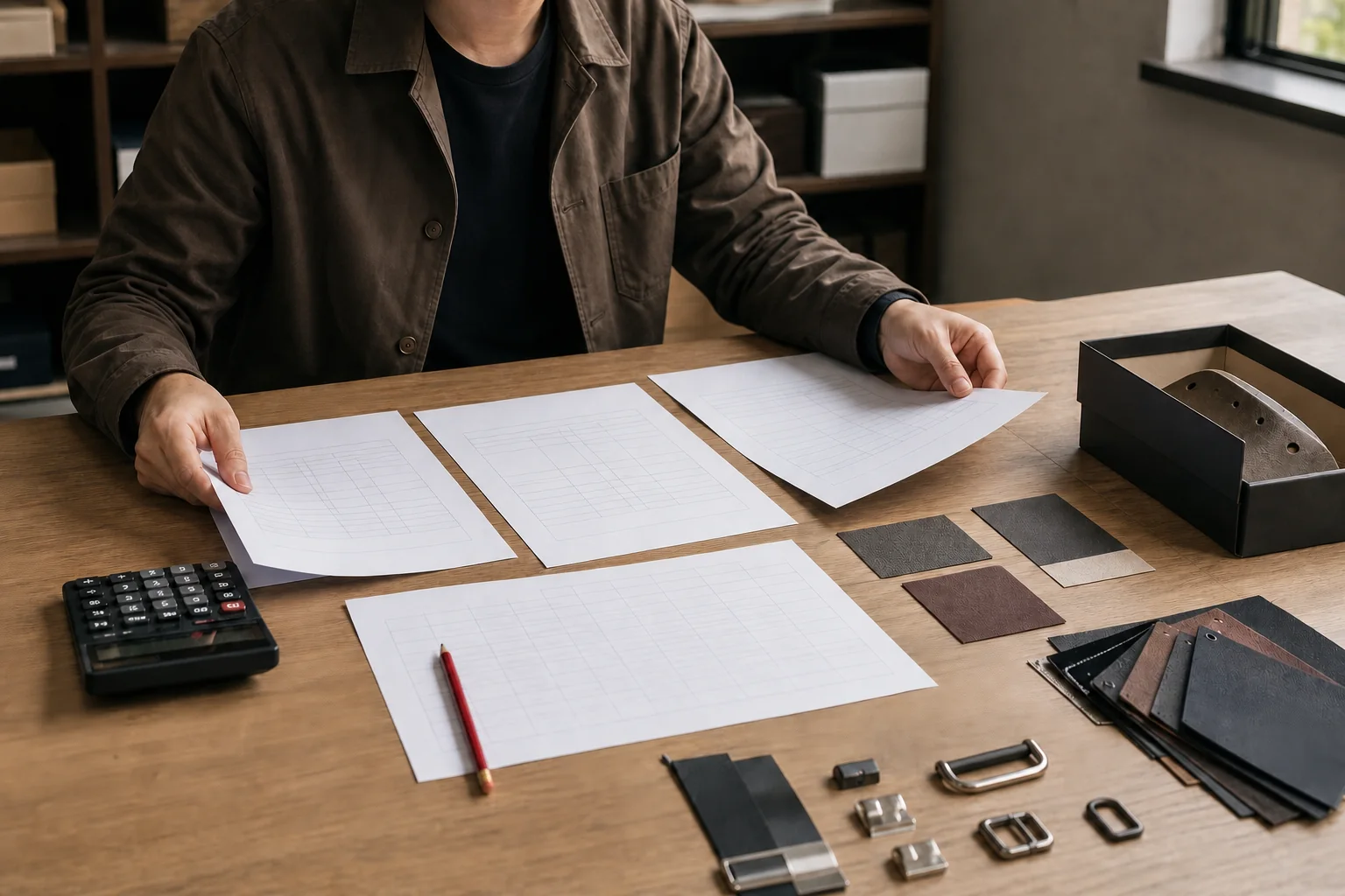 Buyer-side sourcing specialist comparing three unbranded supplier quotation packets with material swatches and a calculator in a real office