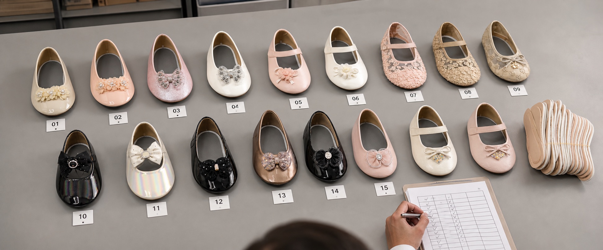 CKD ballet-flat sample range arranged for numbered style, material and construction review