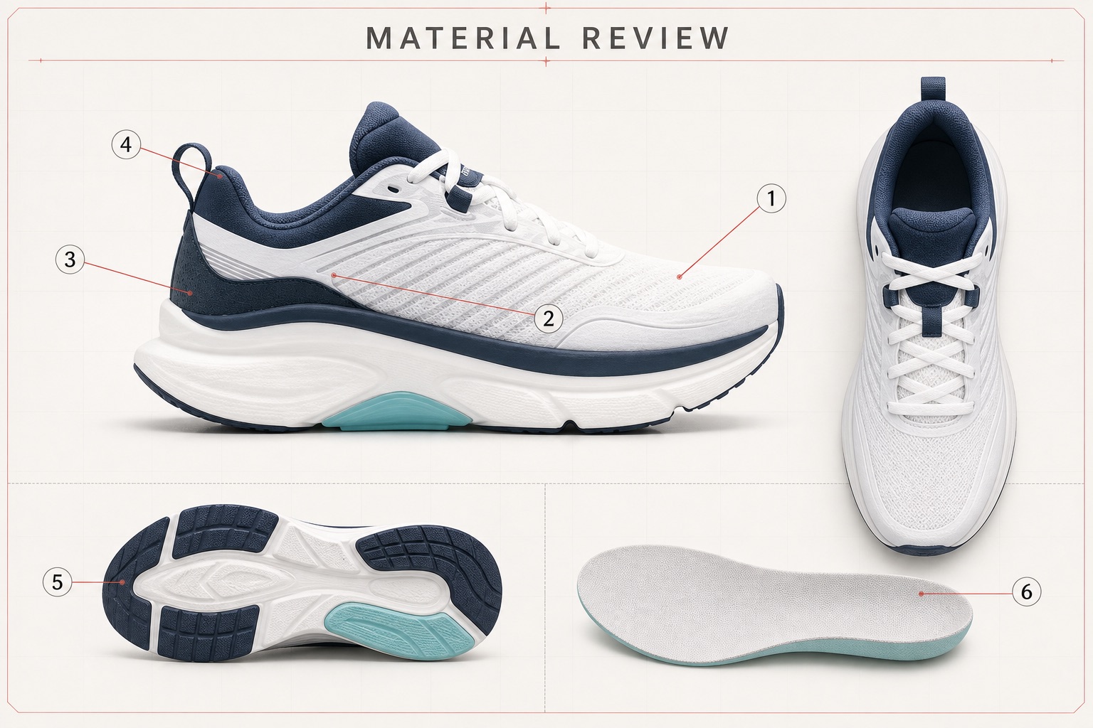 Professional CKD footwear material review showing upper, outsole, insole and construction confirmation