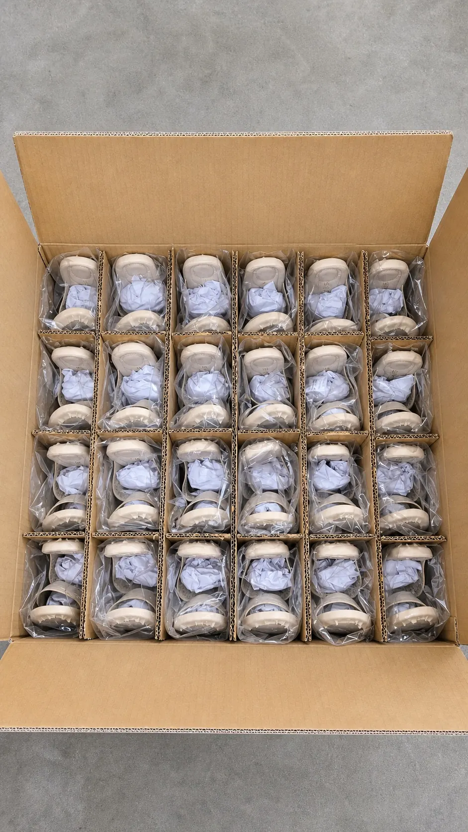CKD footwear components packed in protective bags and carton dividers for shipment