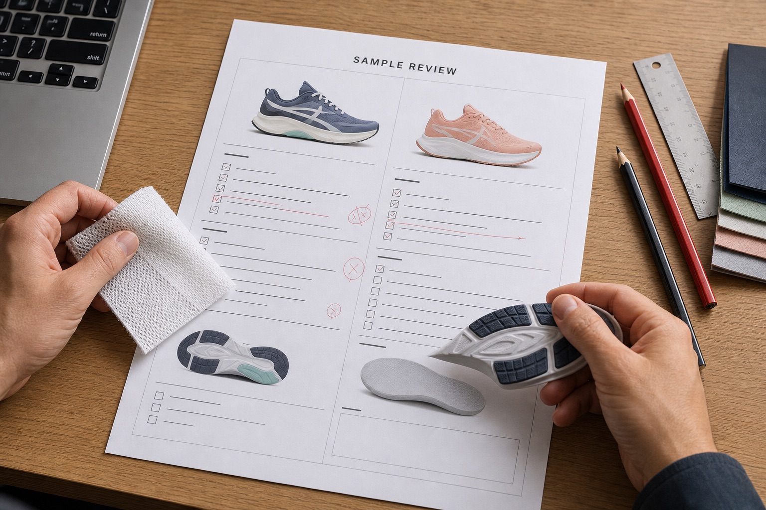 Buyer-side CKD shoe sample review with documented comments and material comparison