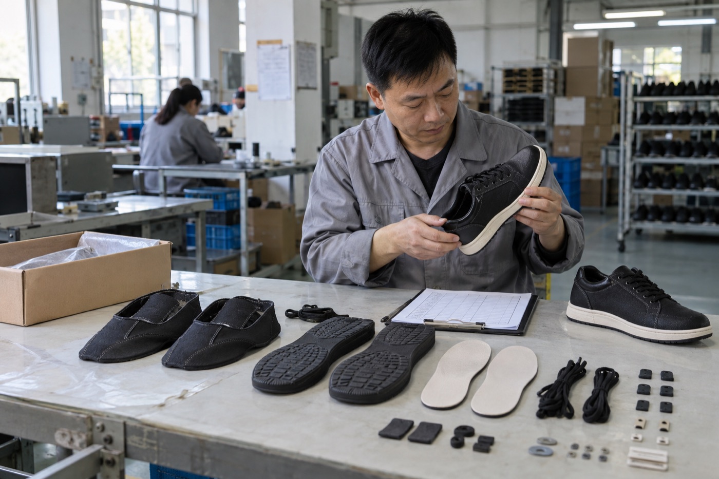 Footwear technician checking matched CKD shoe uppers, outsoles, insoles and laces at a pre-shipment verification table