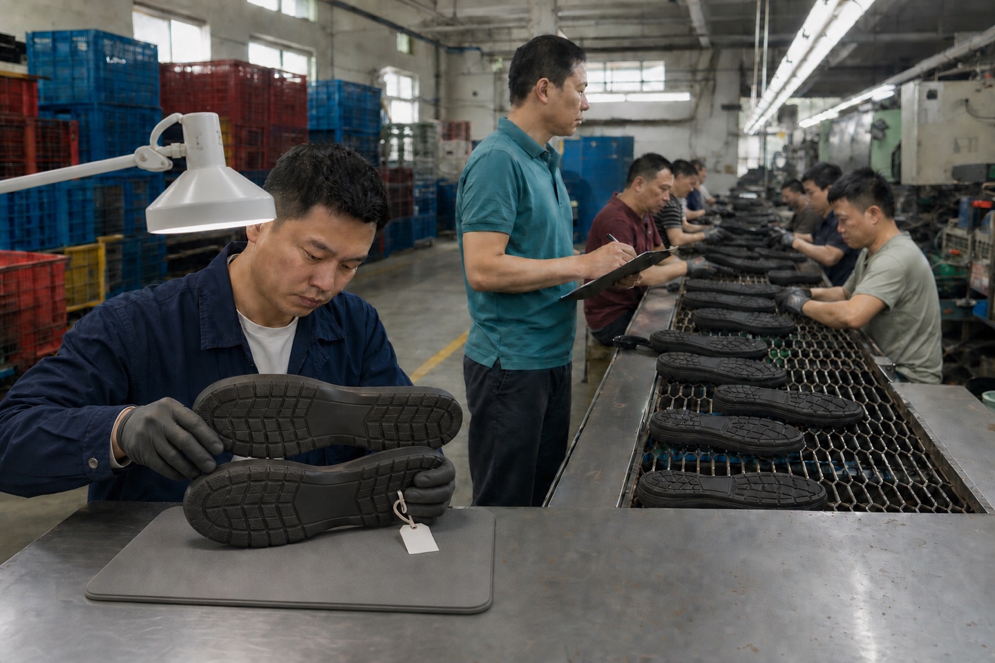 Quality inspector comparing a freshly processed outsole with a sealed master sample under neutral inspection light