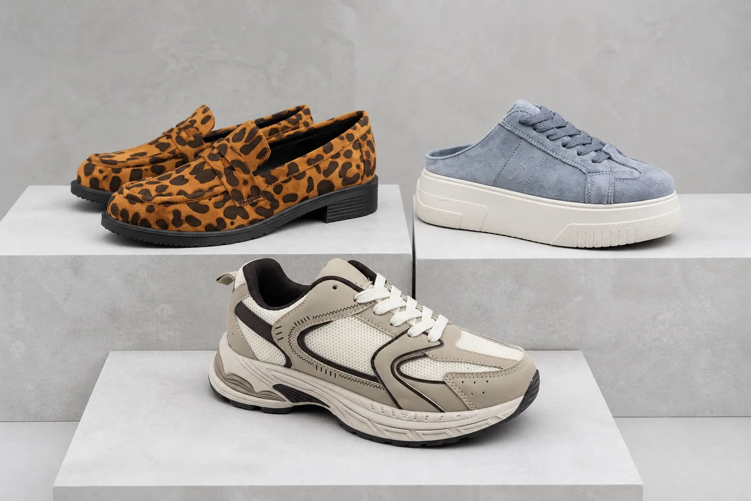 Premium ecommerce studio collection of leopard loafers, platform mule sneakers and technical athletic sneakers