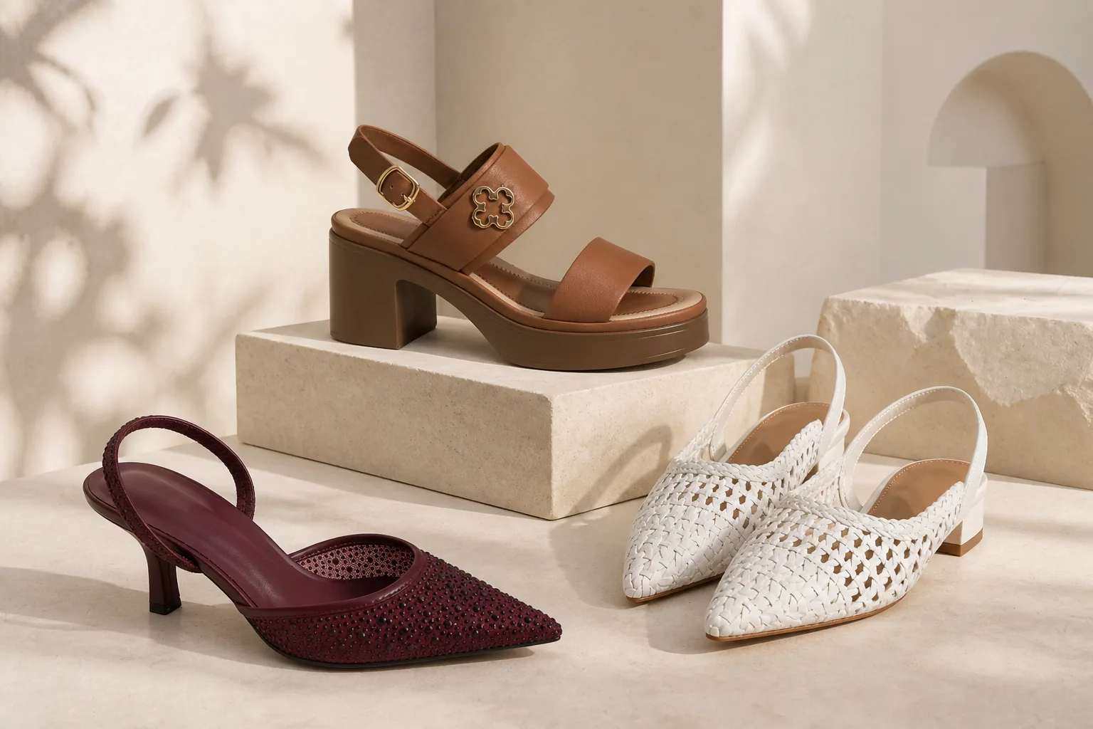 Premium ecommerce studio collection of burgundy rhinestone heels, brown platform sandals and white woven slingback pumps