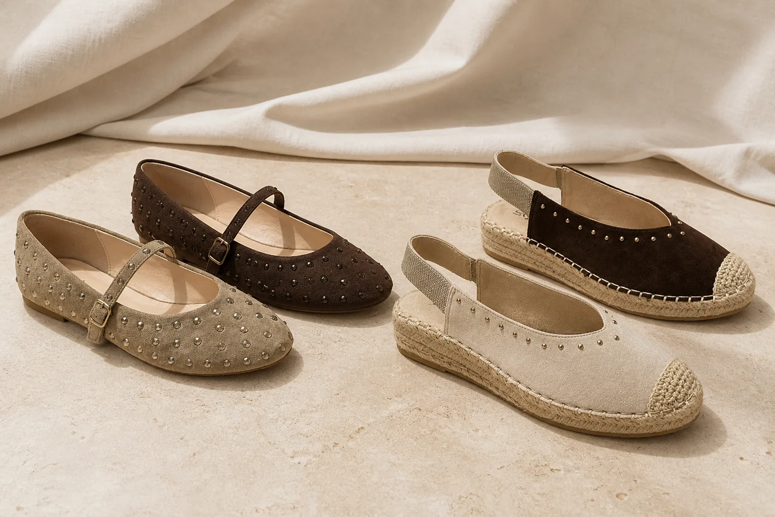 Premium ecommerce studio collection of embellished Mary Jane ballet flats and slingback espadrilles
