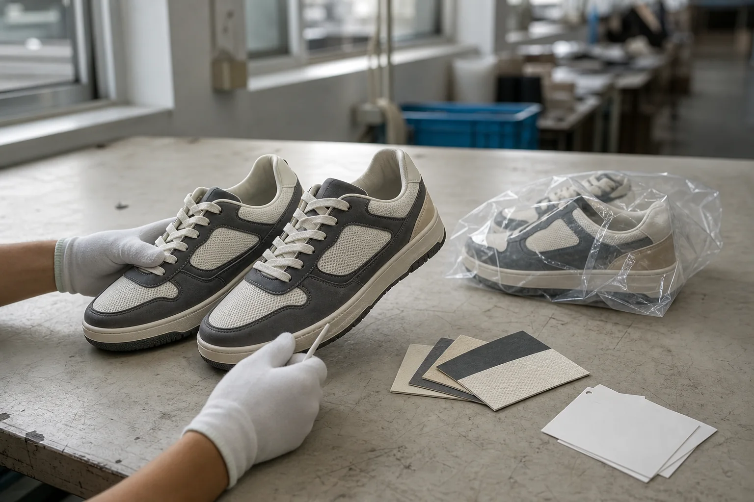 Footwear quality inspector comparing an unbranded sneaker pair with a sealed reference shoe and defect photo sheet under neutral factory light