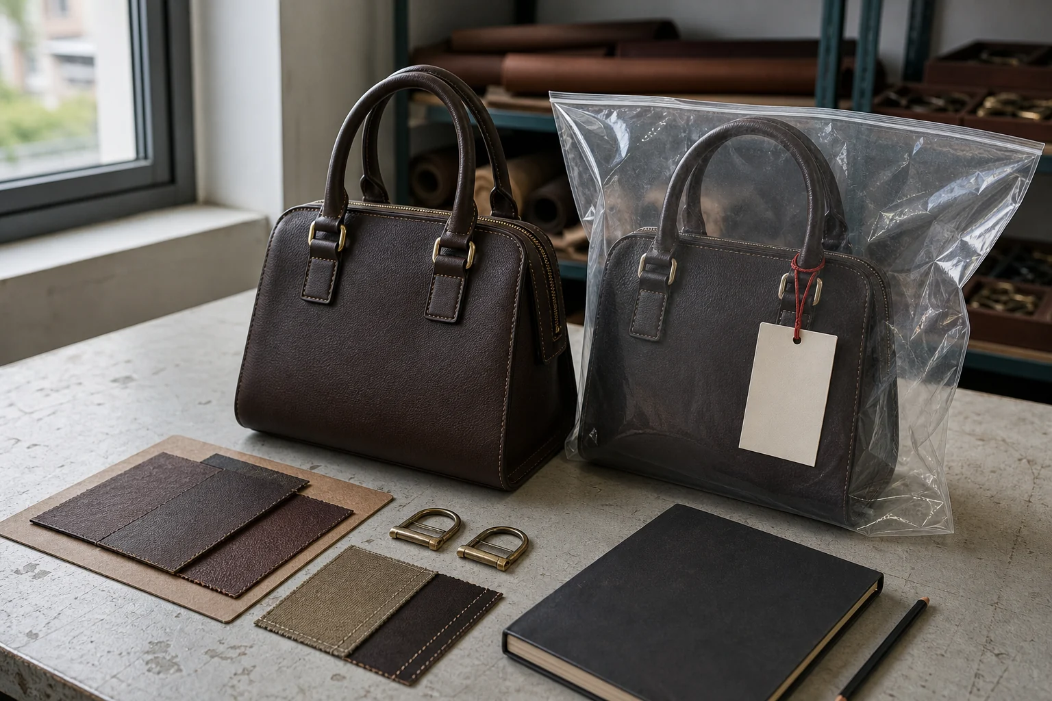 Unbranded leather handbag approval sample with matching swatches, hardware references and a protected duplicate sample on a development worktable