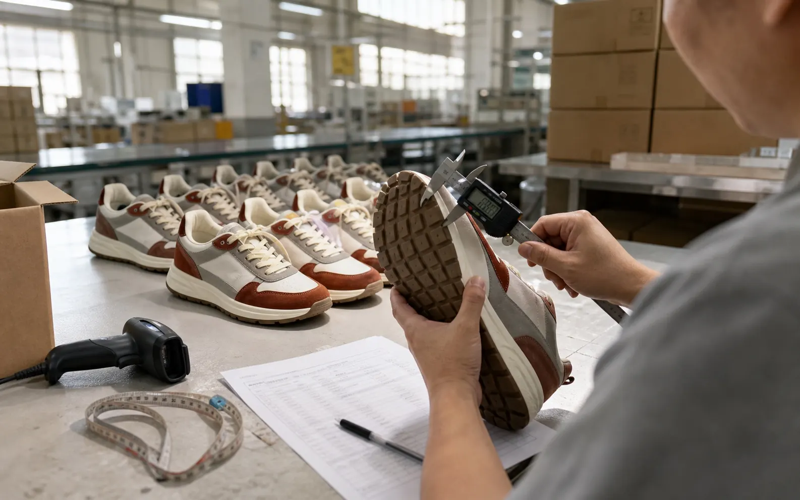 Inspector measuring the outsole of a finished shoe during a pre-shipment inspection in a China factory