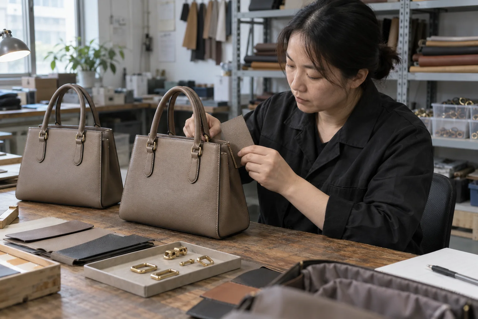 Handbag quality inspector comparing an unbranded leather production bag with approved material and hardware references at a real workshop bench
