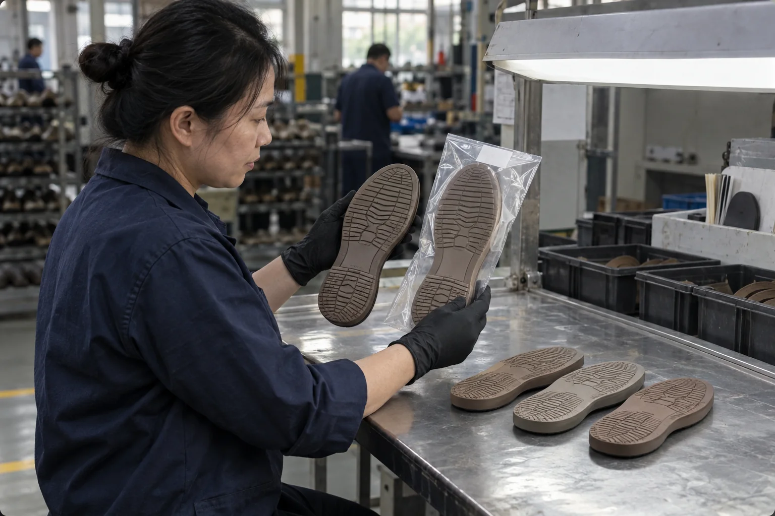 Factory quality inspector comparing unbranded finished shoe soles with sealed color reference samples under neutral inspection lighting