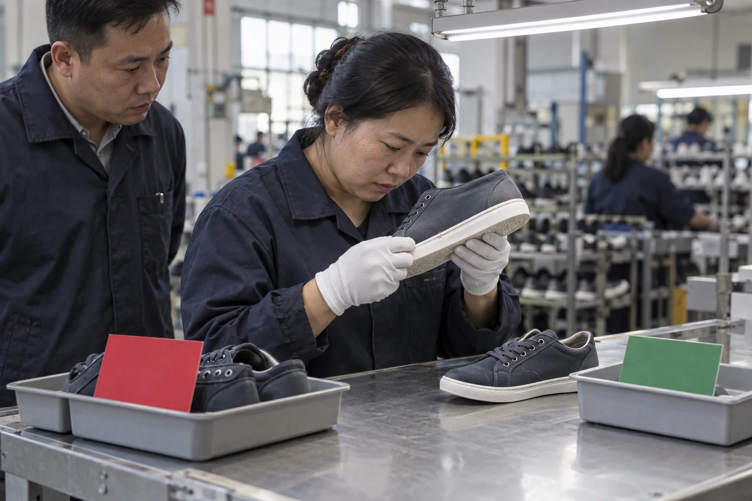 Factory quality inspector reviewing an unbranded shoe bonding defect beside separated hold and approved samples at a controlled inspection bench