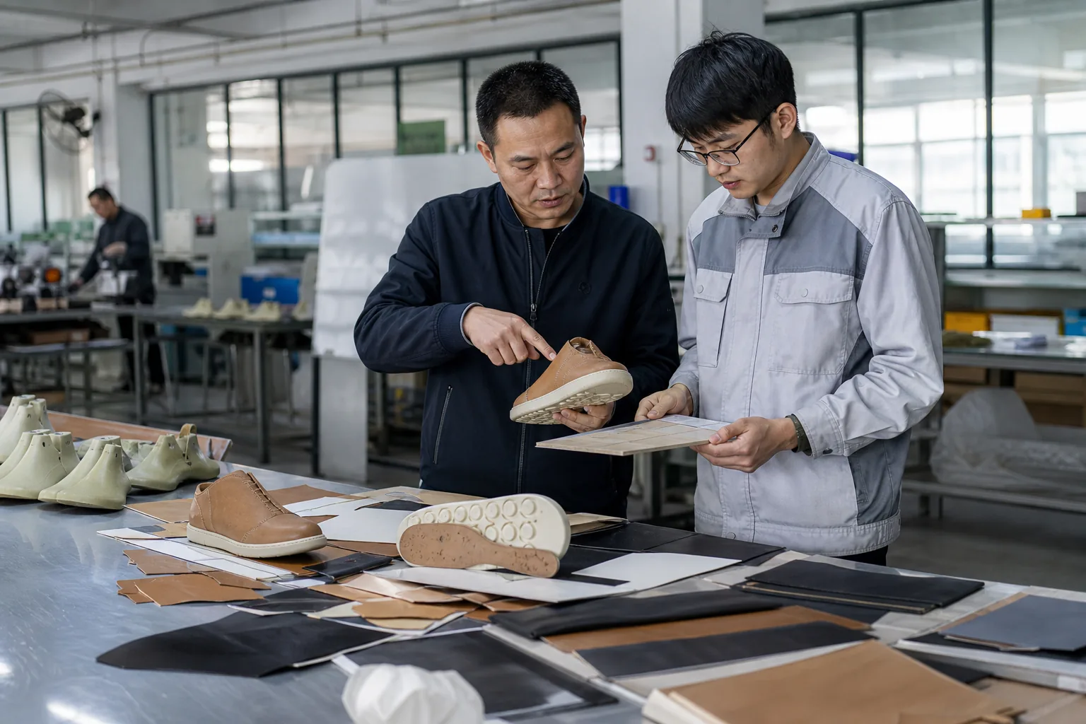 Footwear technicians reviewing an unbranded leather shoe sample, outsole and material options in a sample workshop