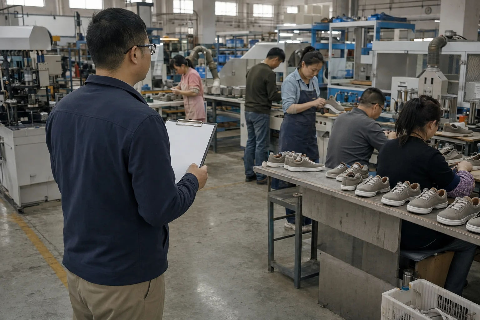 Buyer-side production specialist observing an unbranded footwear assembly line with realistic work-in-process and safely operated equipment
