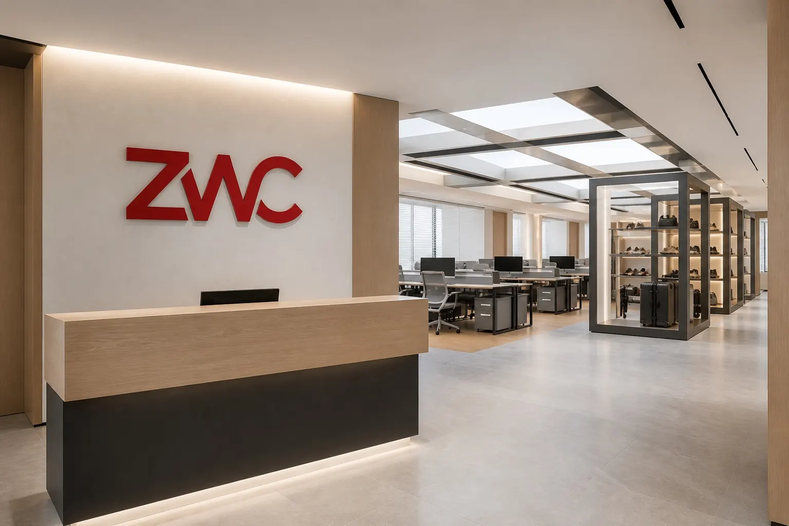 Architectural visualization of the proposed ZWC Sourcing reception, open office and footwear and bag sample area